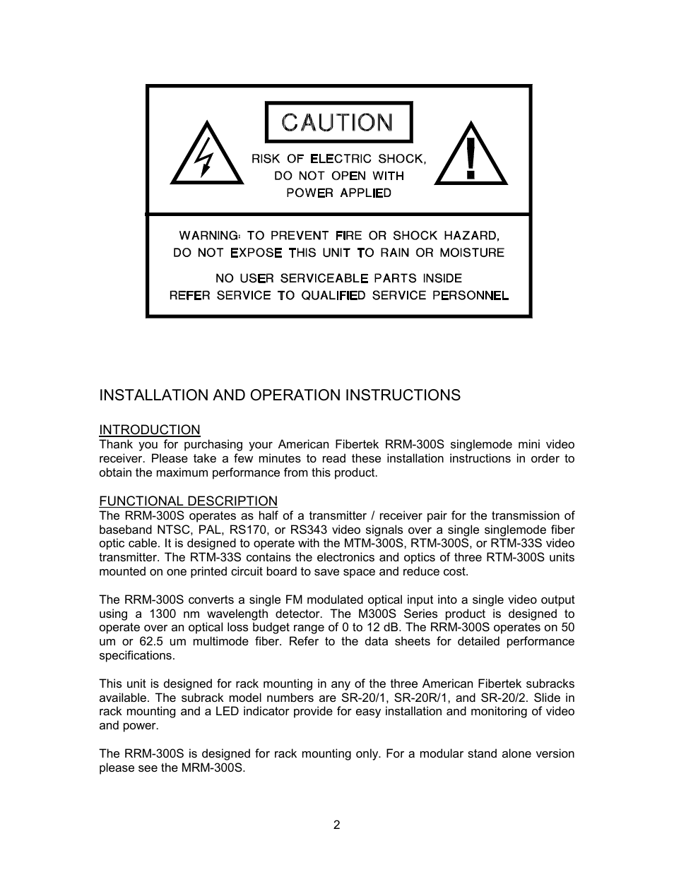 Installation and operation instructions | American Fibertek RRM-300S User Manual | Page 2 / 4