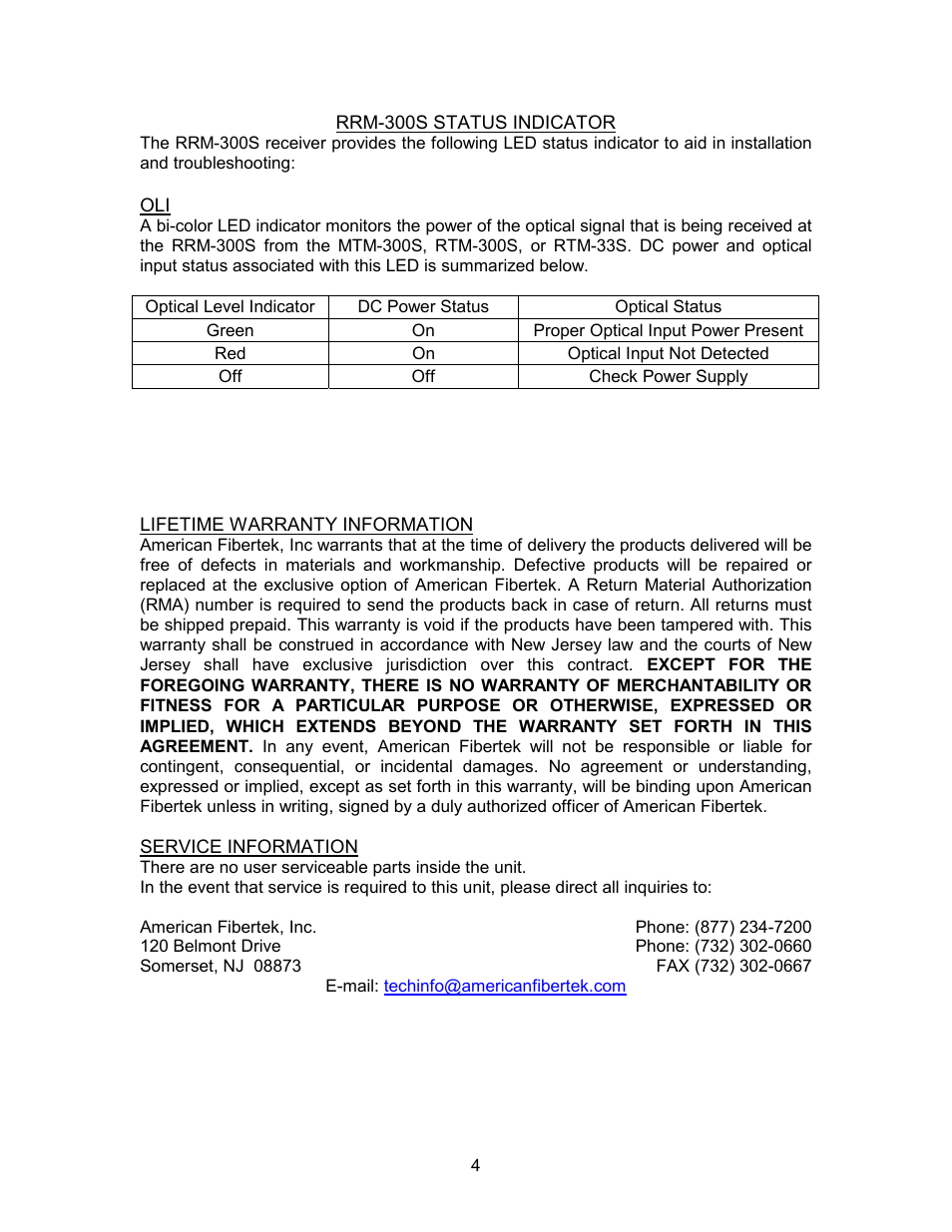 American Fibertek RRM-300S User Manual | Page 4 / 4