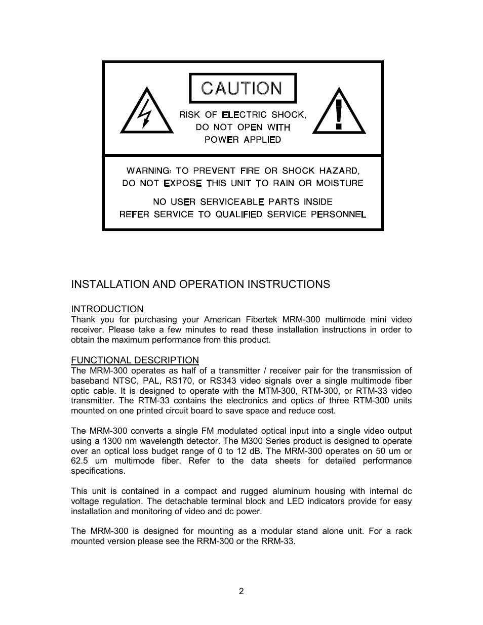 Installation and operation instructions | American Fibertek MRM-300 User Manual | Page 2 / 4