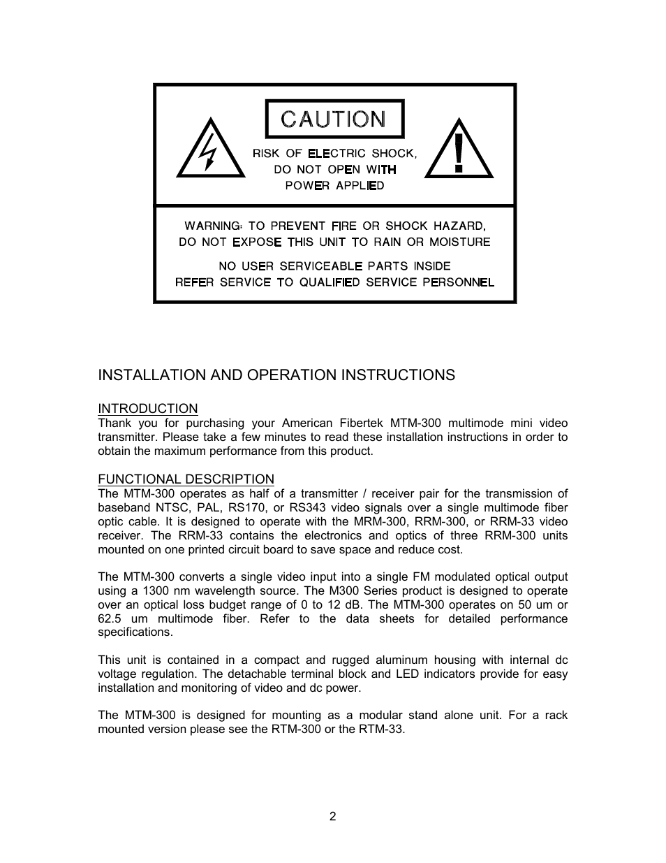 Installation and operation instructions | American Fibertek MTM-300 User Manual | Page 2 / 4