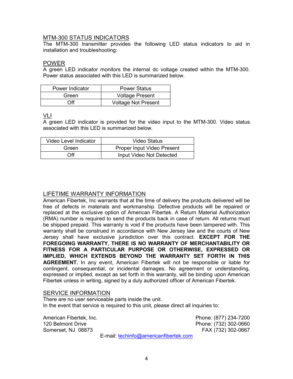 American Fibertek MTM-300 User Manual | Page 4 / 4