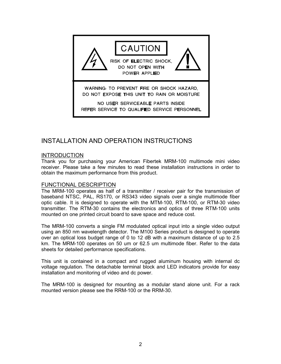 Installation and operation instructions | American Fibertek MRM-100 User Manual | Page 2 / 4
