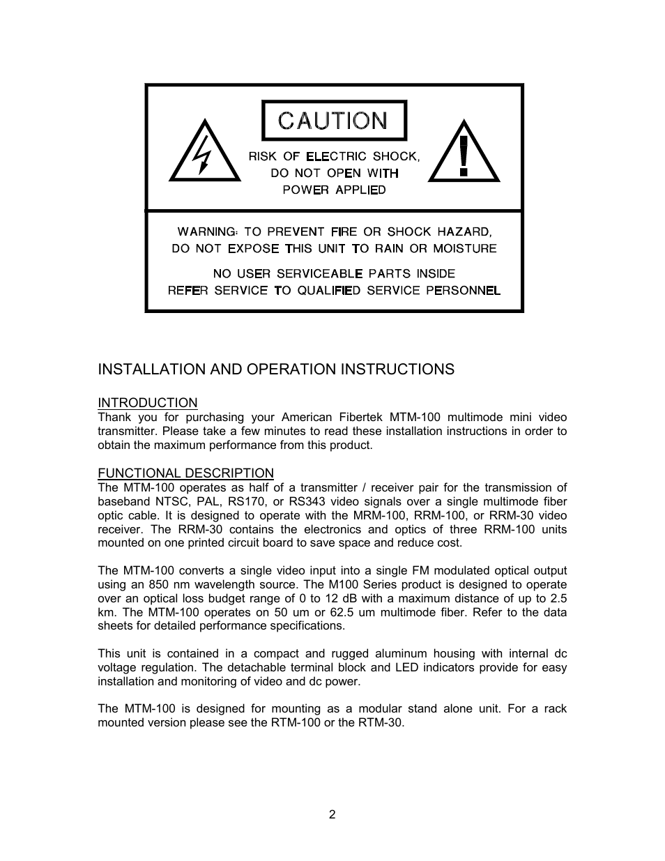 Installation and operation instructions | American Fibertek MTM-100 User Manual | Page 2 / 4