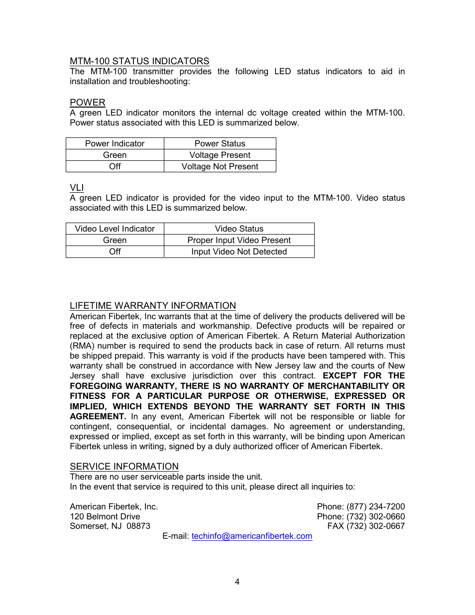 American Fibertek MTM-100 User Manual | Page 4 / 4