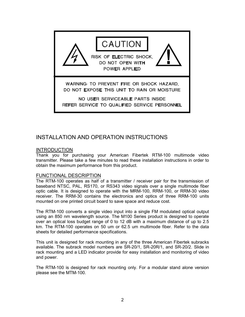 Installation and operation instructions | American Fibertek RTM-100 User Manual | Page 2 / 4