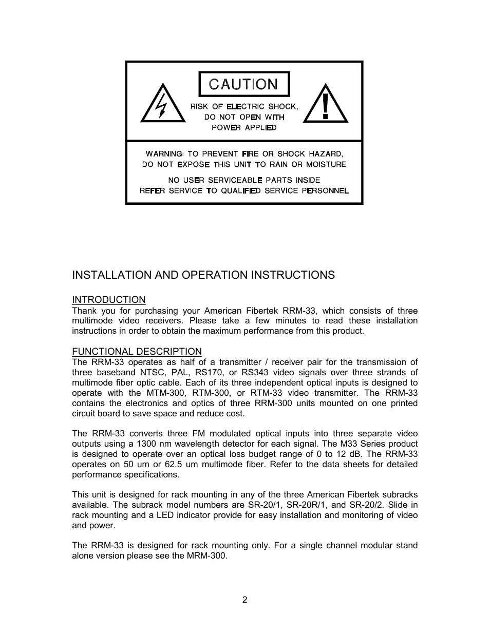 Installation and operation instructions | American Fibertek RRM-33 User Manual | Page 2 / 4