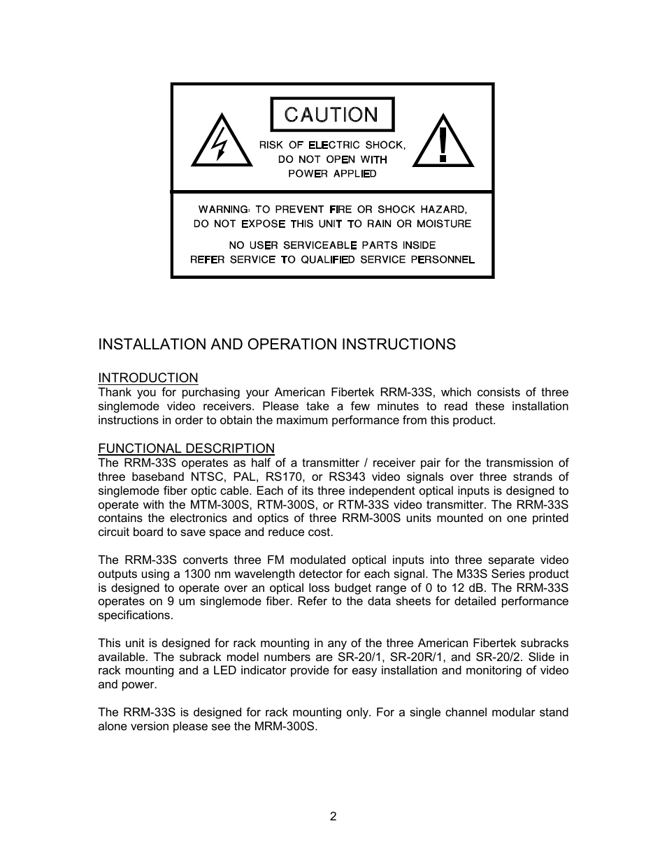 Installation and operation instructions | American Fibertek RRM-33S User Manual | Page 2 / 4