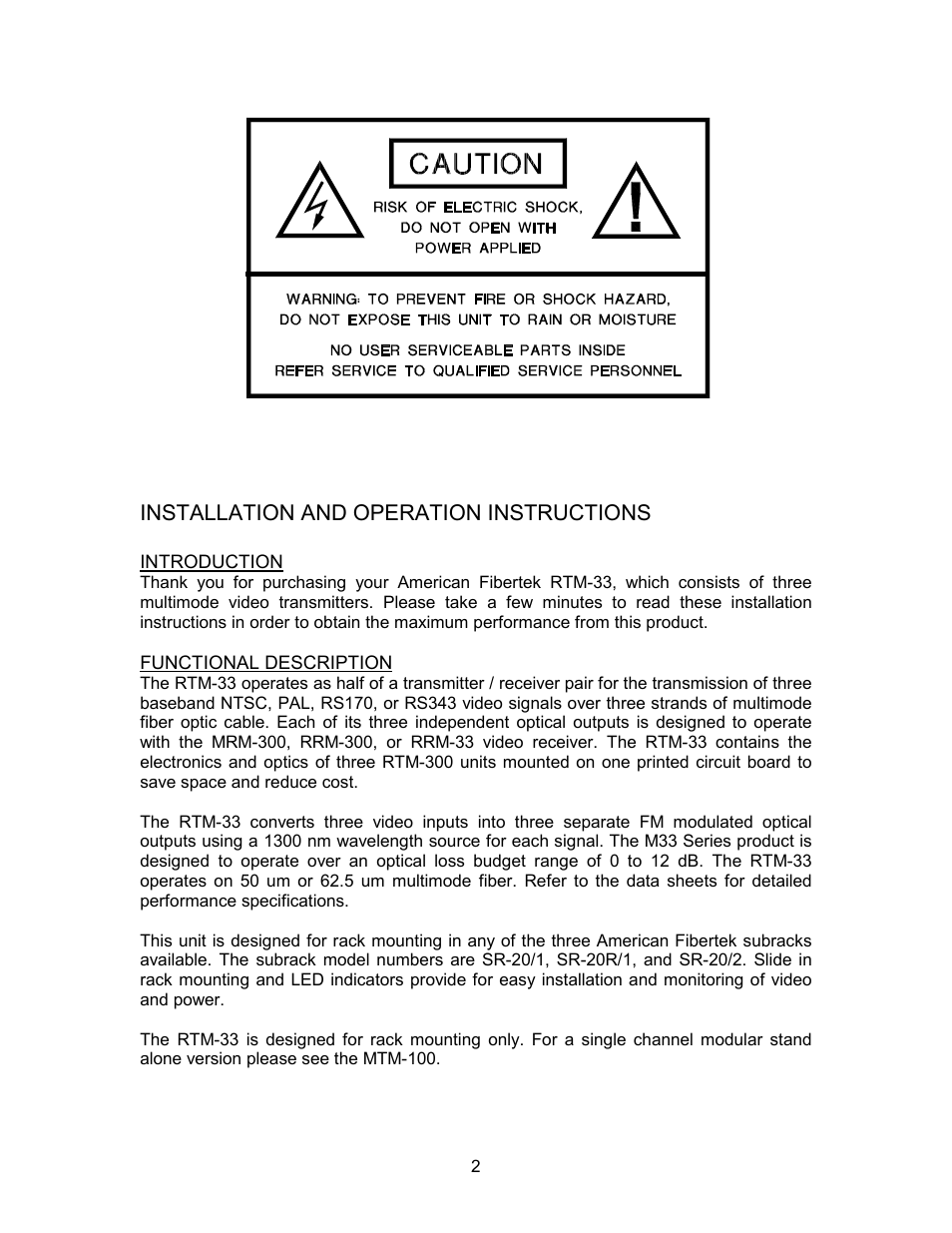 Installation and operation instructions | American Fibertek RTM-33 User Manual | Page 2 / 4