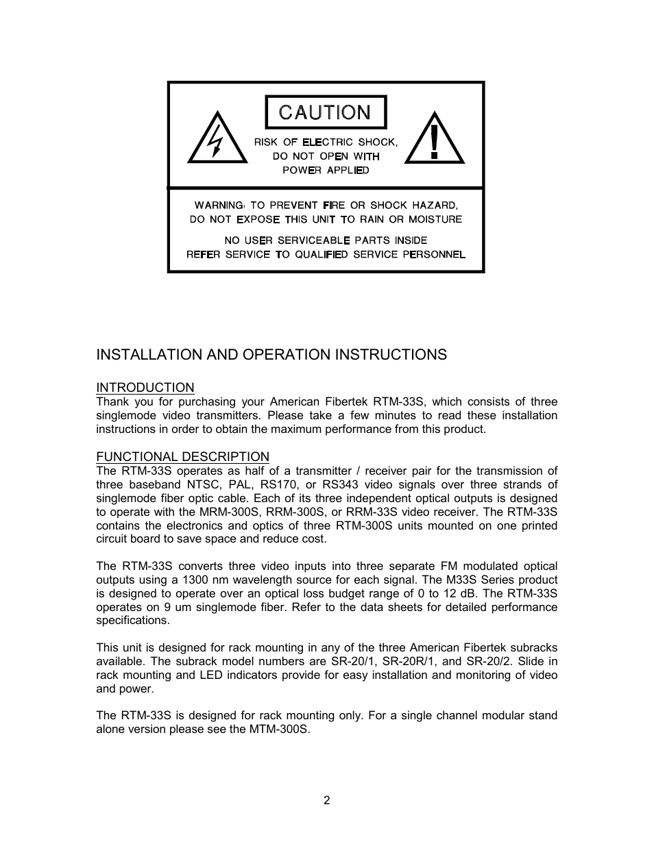 Installation and operation instructions | American Fibertek RTM-33S User Manual | Page 2 / 4