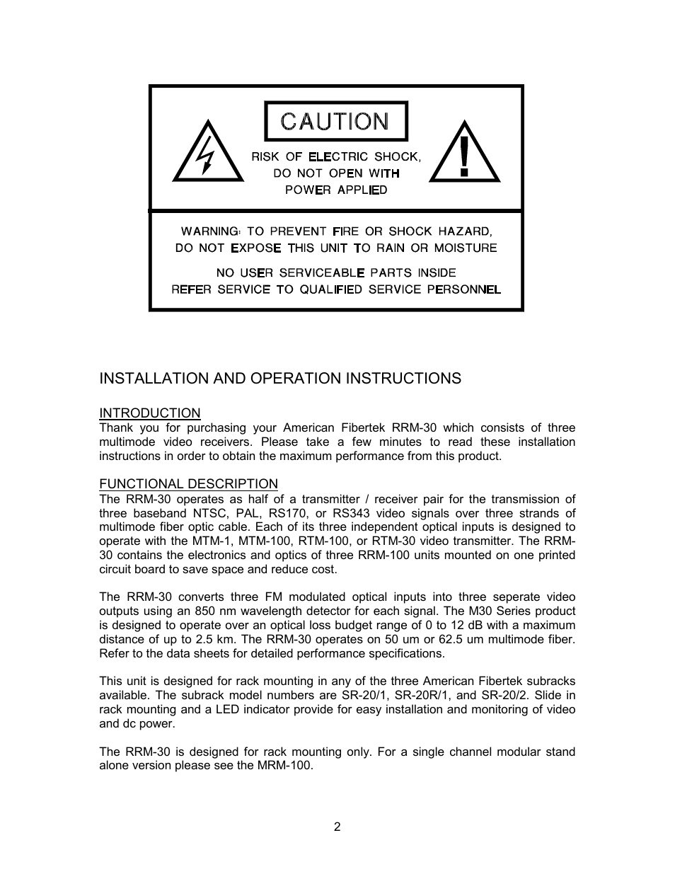 Installation and operation instructions | American Fibertek RRM-30 User Manual | Page 2 / 4