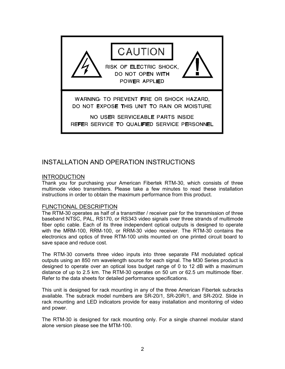 Installation and operation instructions | American Fibertek RTM-30 User Manual | Page 2 / 4