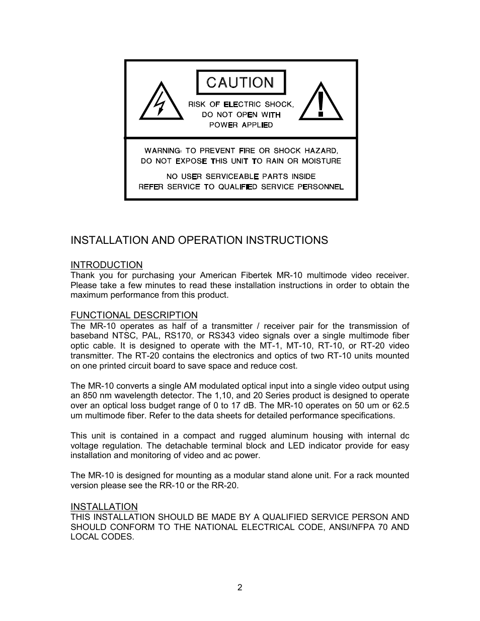 Installation and operation instructions | American Fibertek MR-10 User Manual | Page 2 / 4