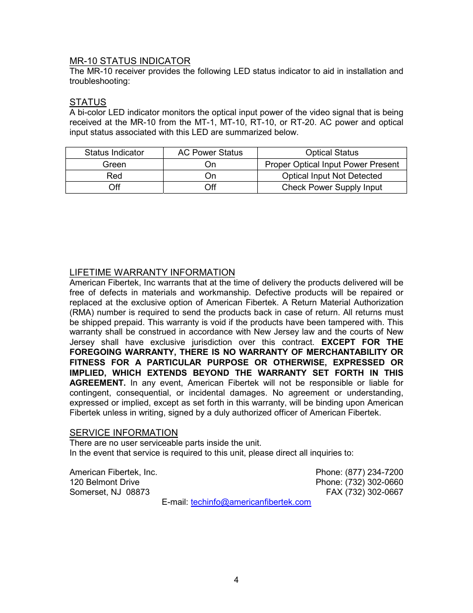 American Fibertek MR-10 User Manual | Page 4 / 4