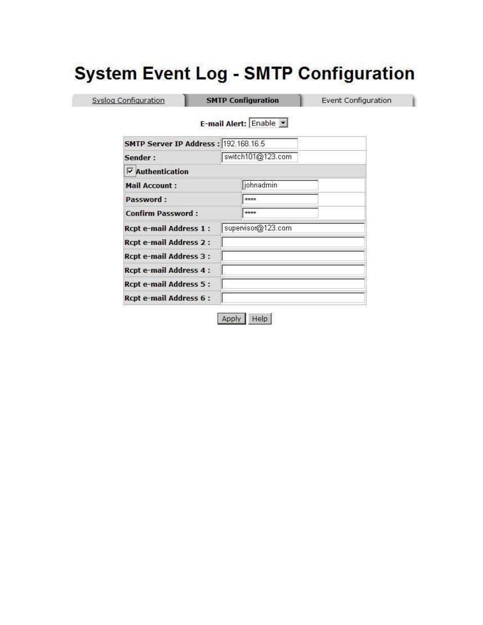 System event log - event configuration | American Fibertek SM10p-PoE User Manual | Page 63 / 118