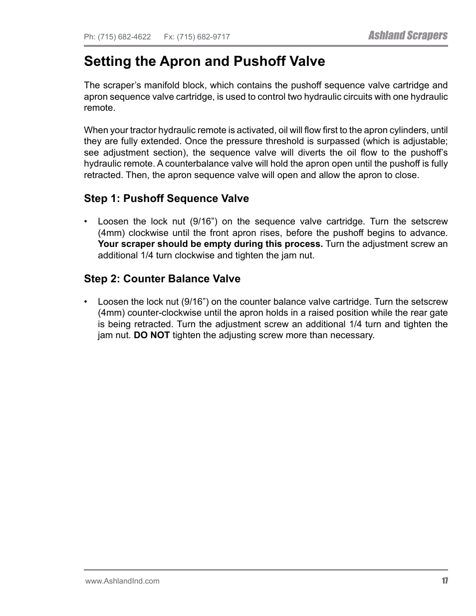 Setting the apron and pushoff valve, Ashland scrapers | Ashland I-200TS4 ver 0612 User Manual | Page 19 / 32
