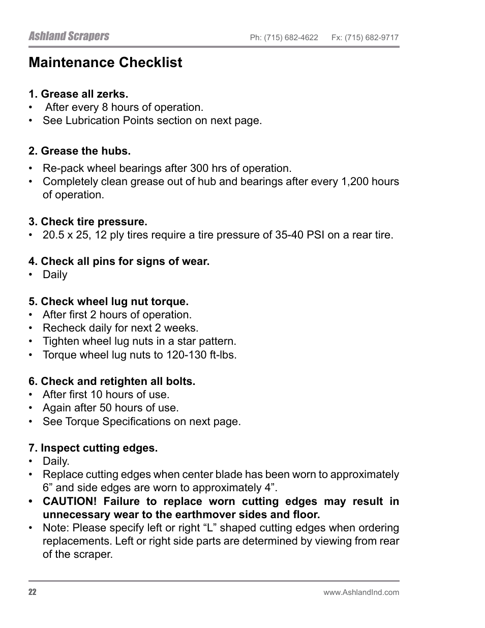 Maintenance checklist | Ashland I-200TS4 ver 0612 User Manual | Page 24 / 32