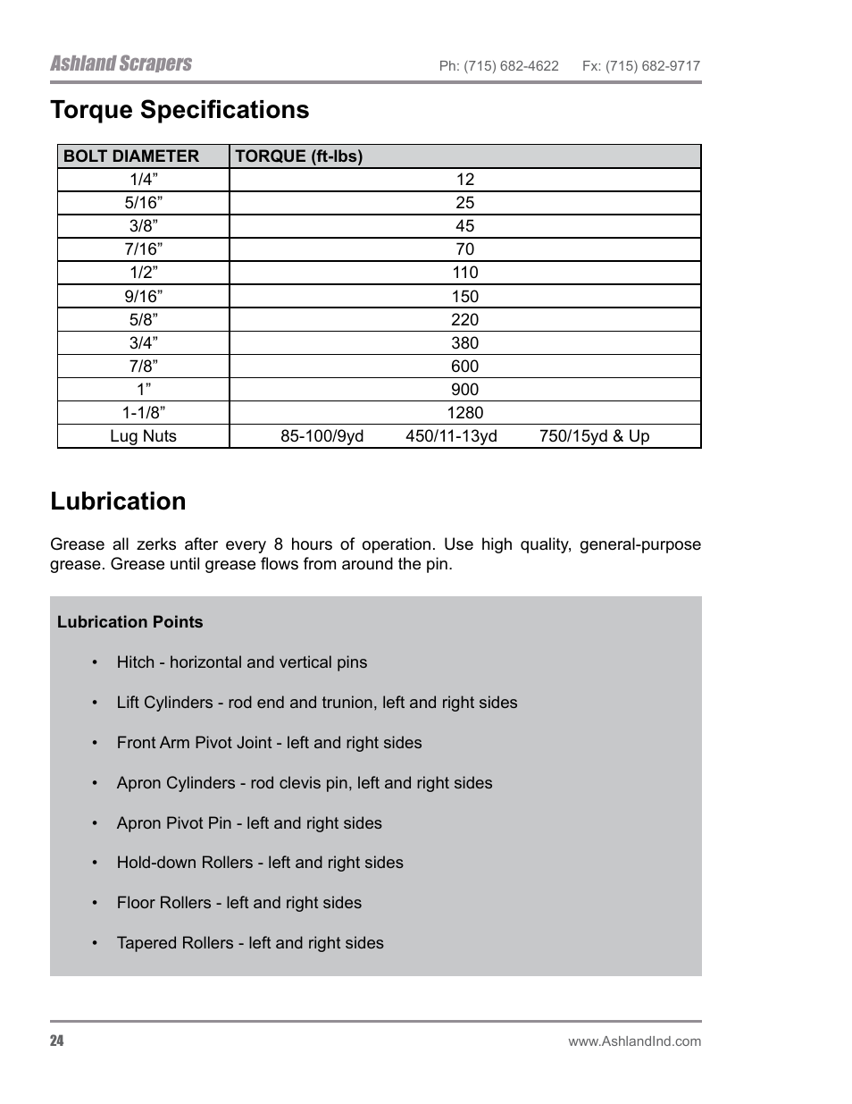 Torque specifications lubrication, Ashland scrapers | Ashland I-200TS4 ver 0612 User Manual | Page 26 / 32