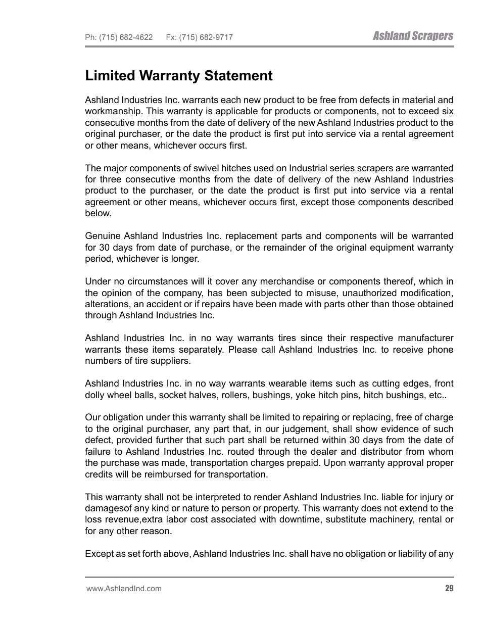 Limited warranty statement, Ashland scrapers | Ashland I-200TS4 ver 0612 User Manual | Page 31 / 32