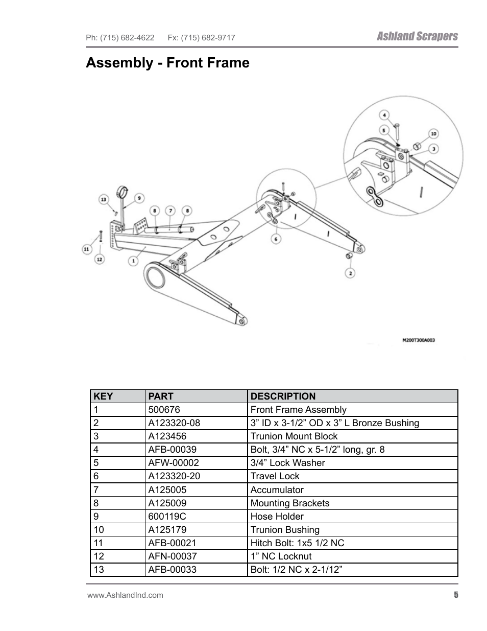 Assembly - front frame, Ashland scrapers | Ashland I-200TS4 ver 0612 User Manual | Page 7 / 32