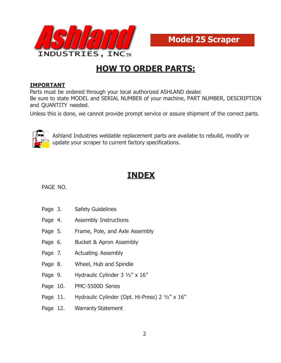 How to order parts, Index model 25 scraper | Ashland 25S User Manual | Page 2 / 12