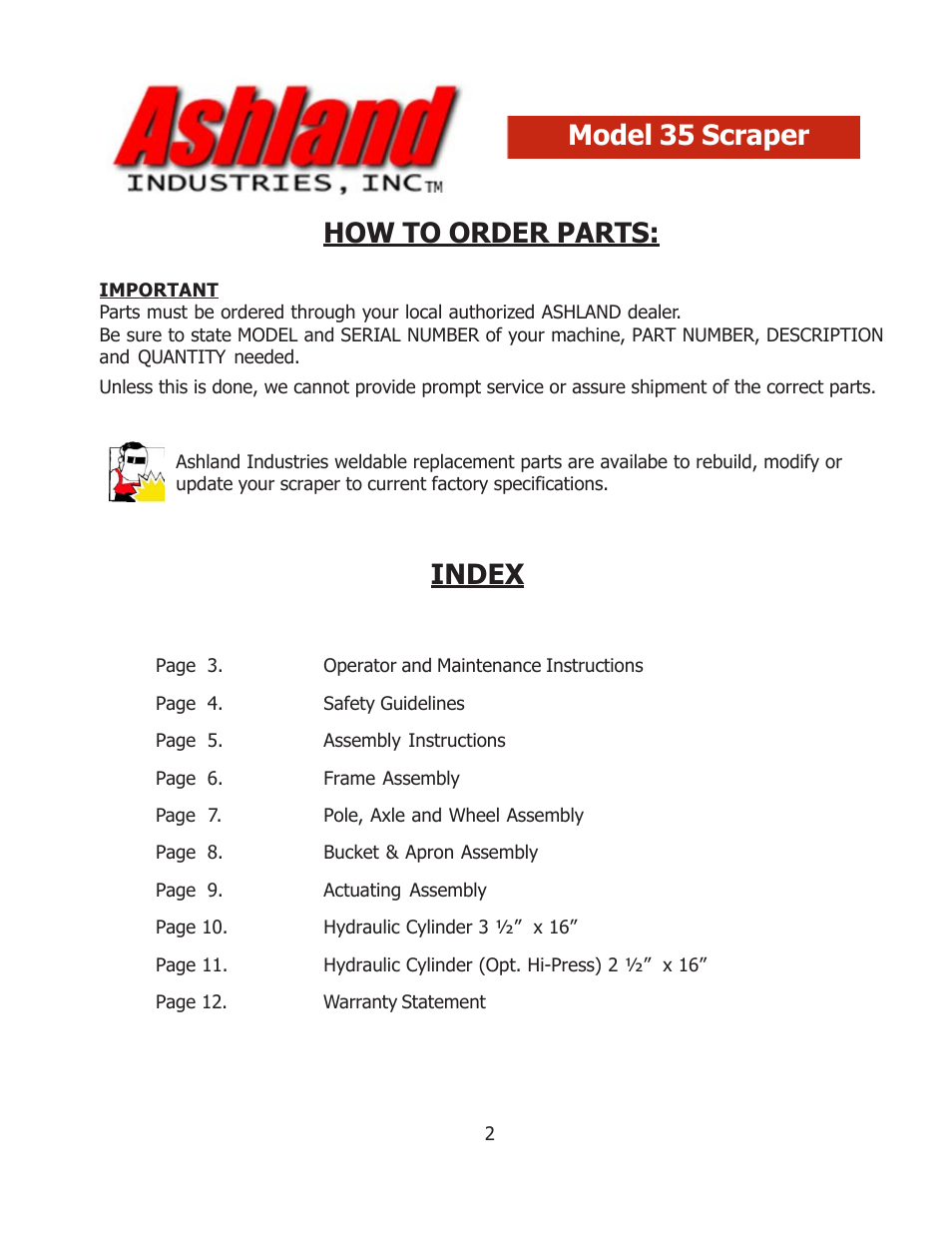 How to order parts, Index model 35 scraper | Ashland 35S User Manual | Page 2 / 12