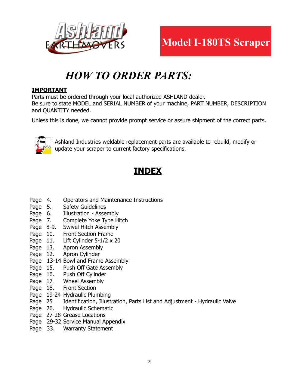 How to order parts, Model i-80ts scraper, Index | Ashland I-180TS2 User Manual | Page 3 / 33