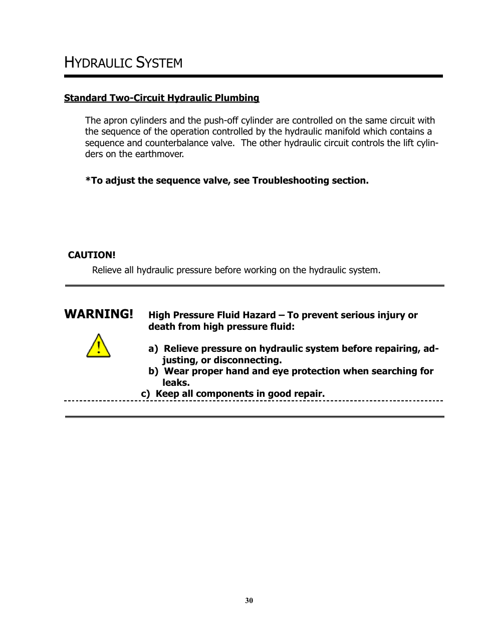 Ydraulic, Ystem, Warning | Ashland I-180TS2 User Manual | Page 30 / 33