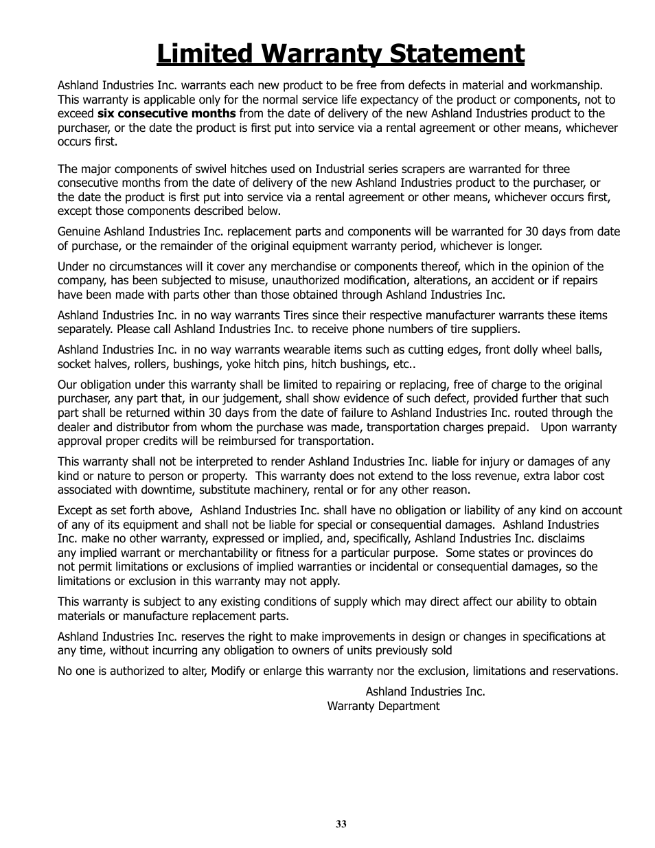 Limited warranty statement | Ashland I-180TS2 User Manual | Page 33 / 33
