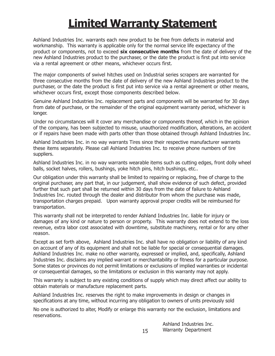 Limited warranty statement | Ashland 50 User Manual | Page 15 / 15