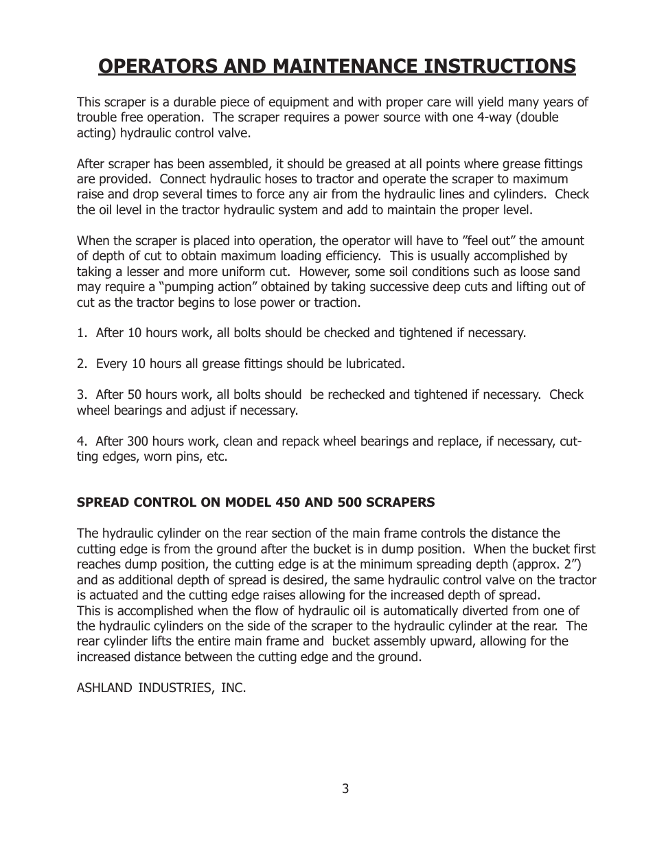 Operators and maintenance instructions | Ashland 500 User Manual | Page 3 / 21