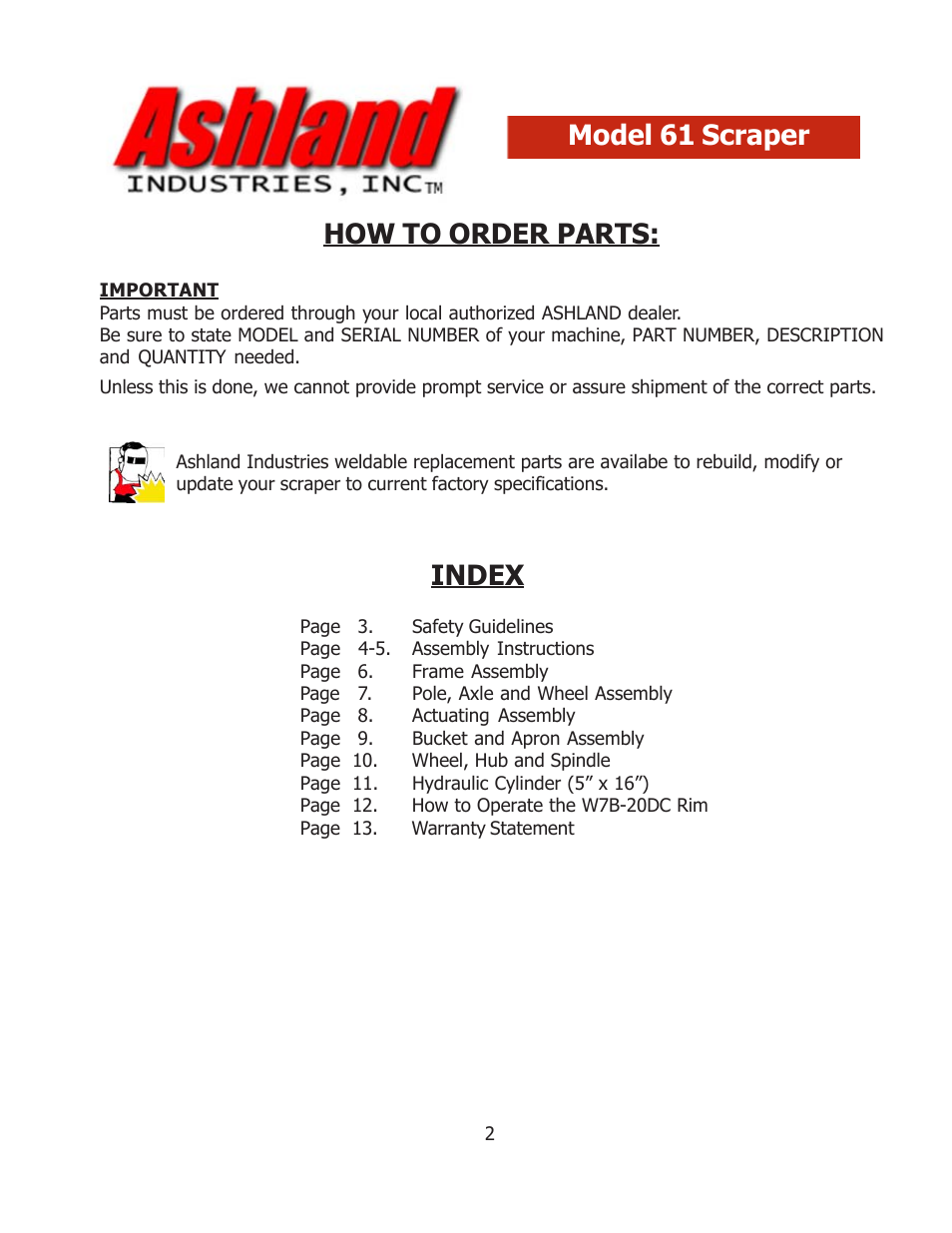 How to order parts, Index model 61 scraper | Ashland 61S User Manual | Page 2 / 13