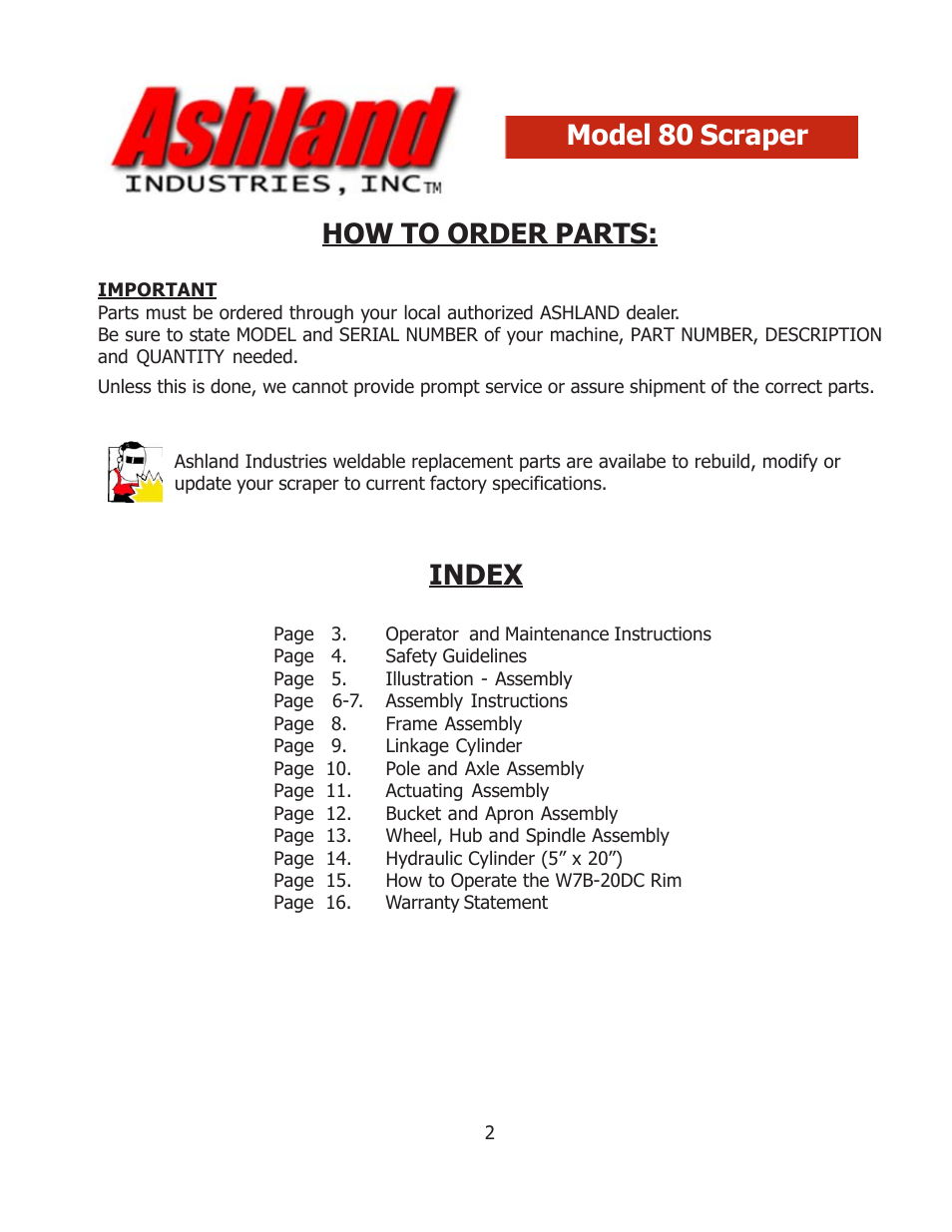 How to order parts, Index model 80 scraper | Ashland 80S User Manual | Page 2 / 16