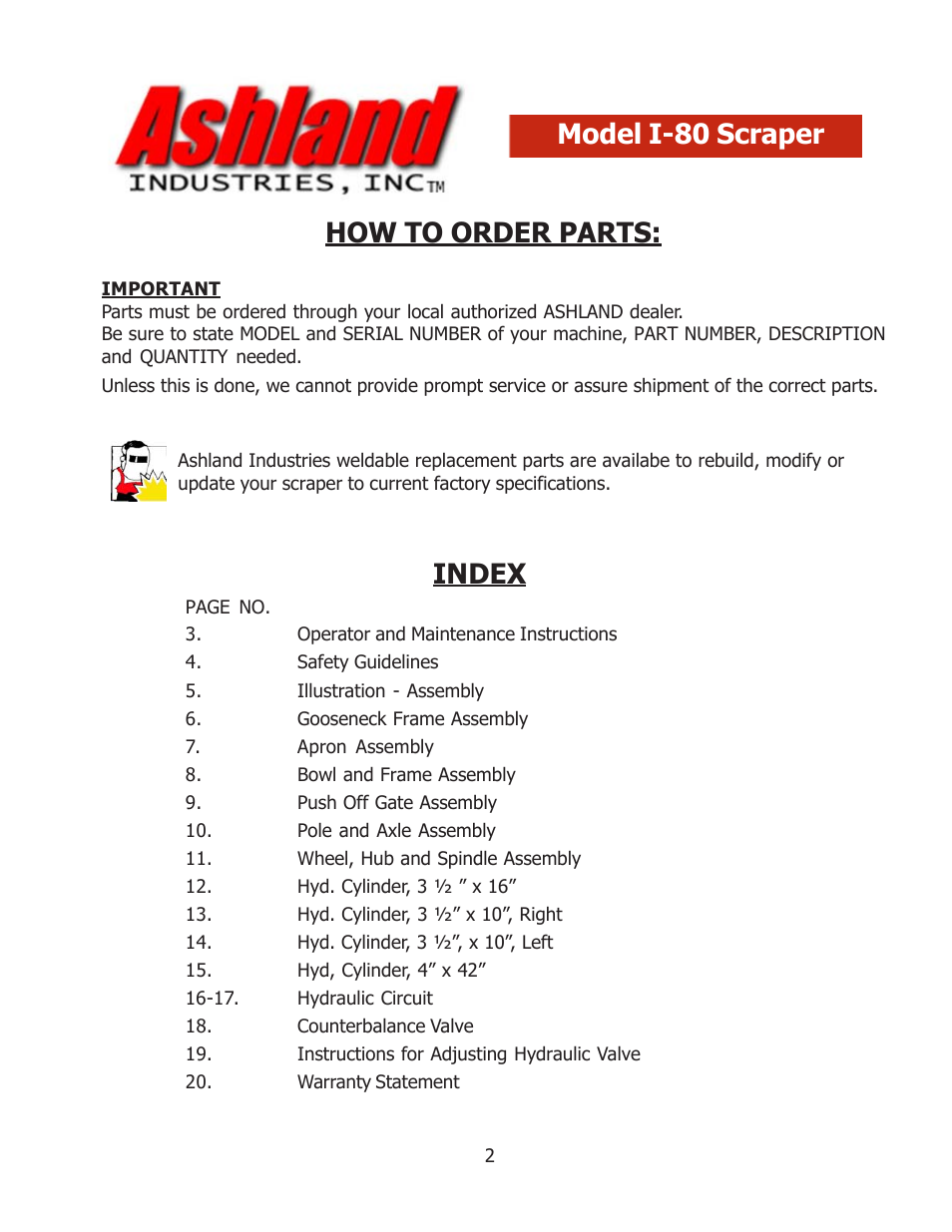 How to order parts, Index model i-80 scraper | Ashland I-80 User Manual | Page 2 / 20