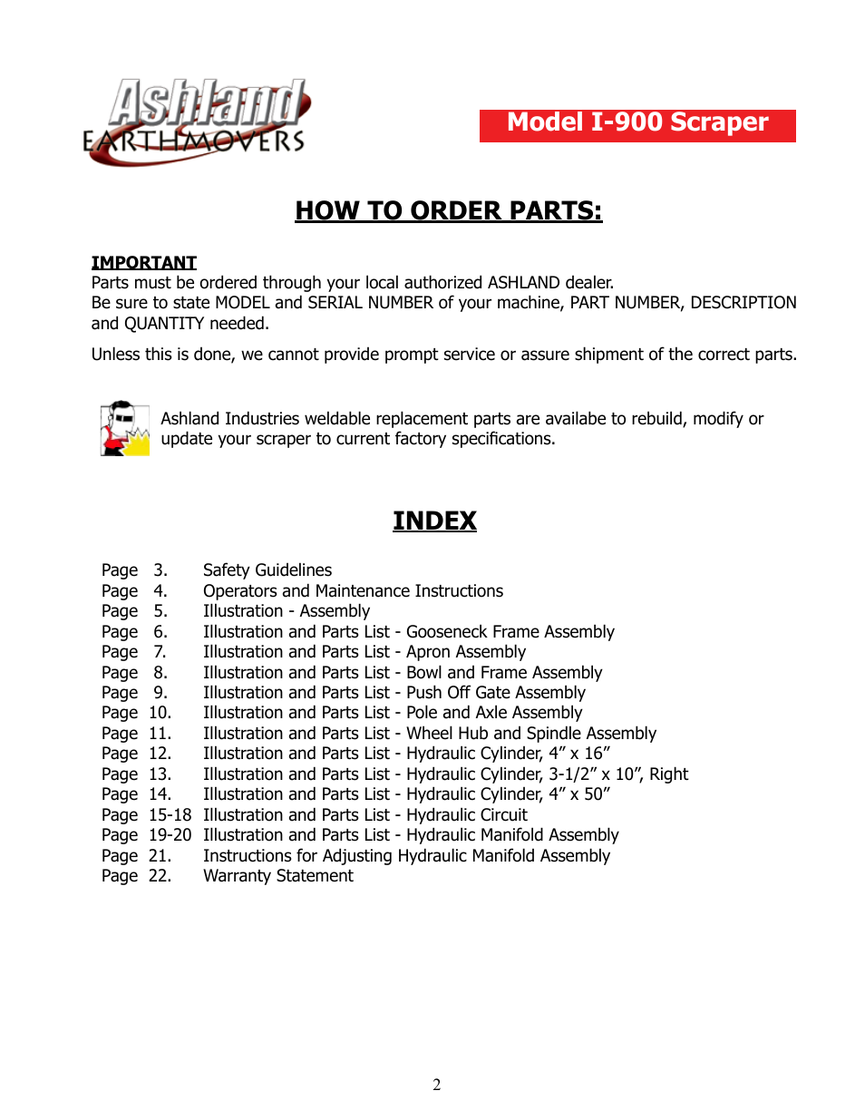 How to order parts, Index model i-900 scraper | Ashland I-900 Ver 1-2007 User Manual | Page 2 / 22
