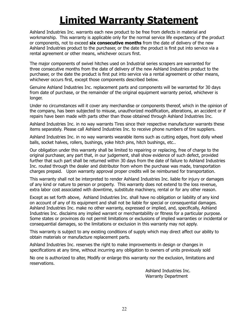 Limited warranty statement | Ashland I-900 Ver 1-2007 User Manual | Page 22 / 22