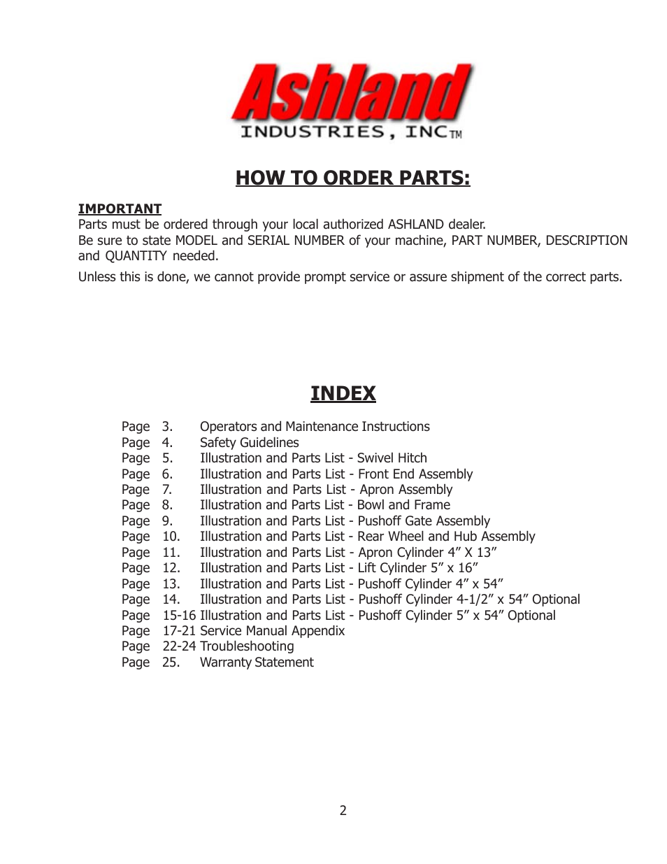How to order parts, Index | Ashland I-110-SP User Manual | Page 2 / 25