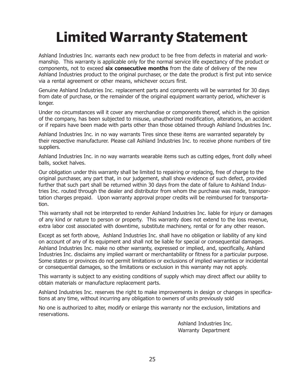 Limited warranty statement | Ashland I-110-SP User Manual | Page 25 / 25