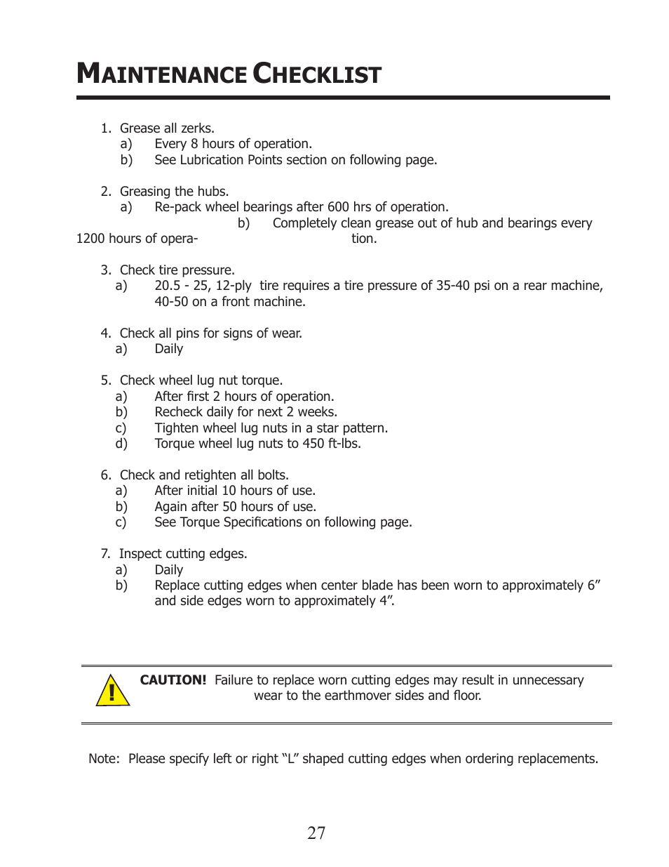 Aintenance, Hecklist | Ashland I-110XL2 User Manual | Page 27 / 33