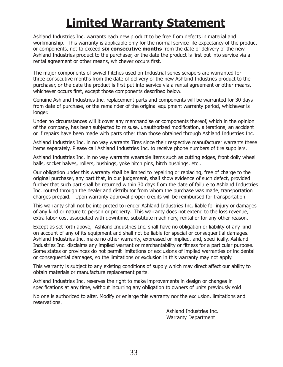 Limited warranty statement | Ashland I-110XL2 User Manual | Page 33 / 33