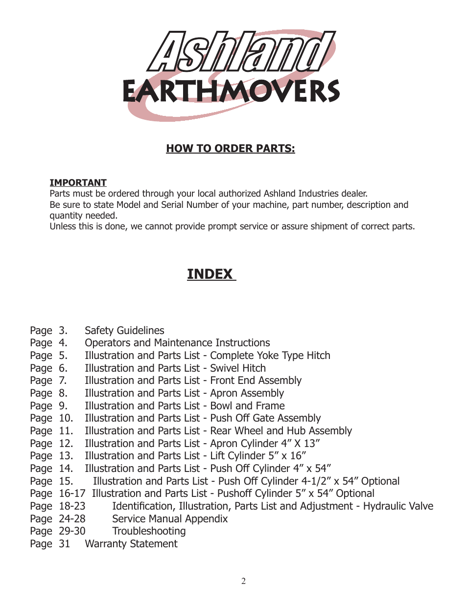 Earthmovers, Index | Ashland I-110TS User Manual | Page 2 / 32