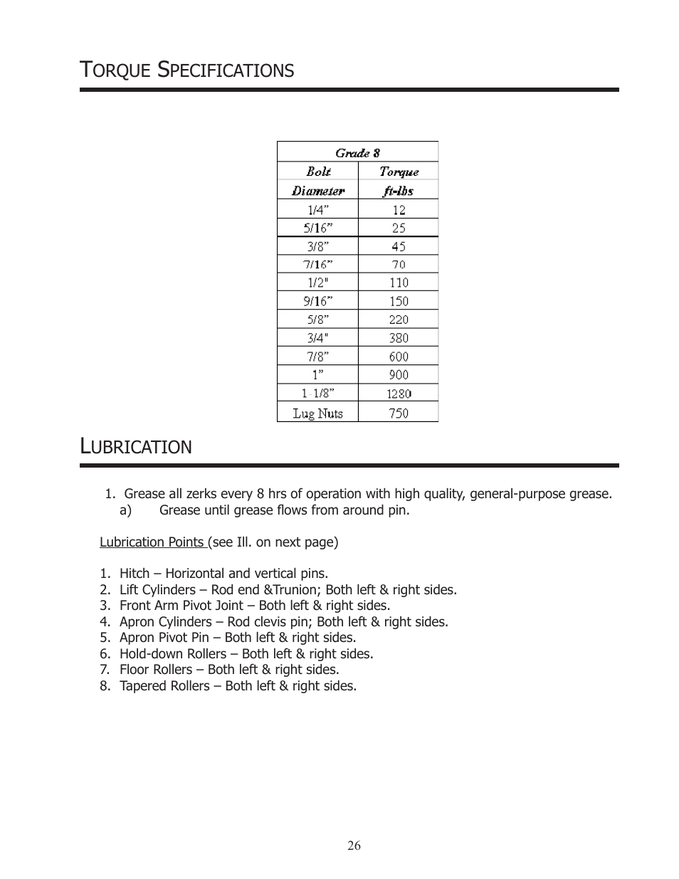 Orque, Pecifications, Ubrication | Ashland I-110TS User Manual | Page 26 / 32