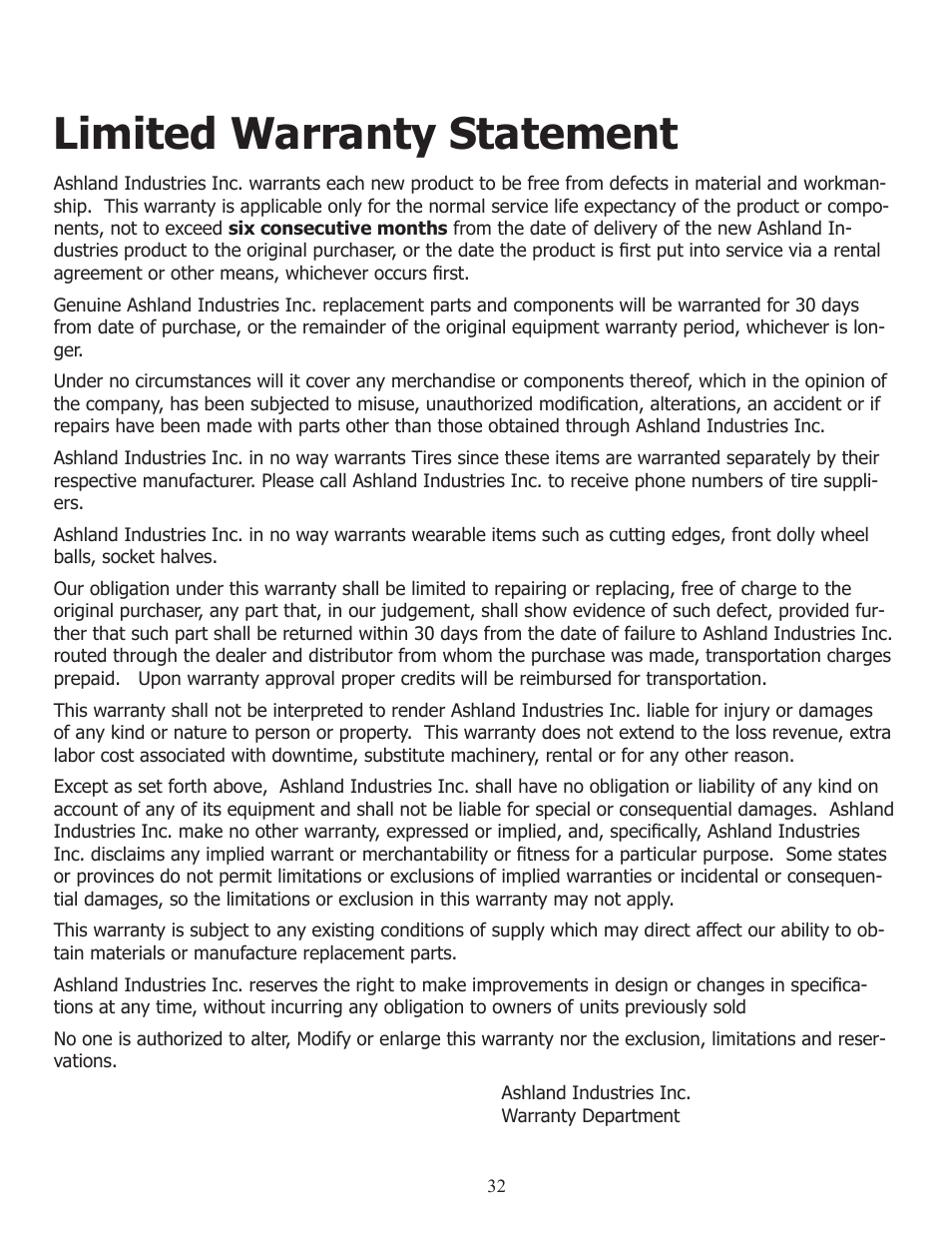 Limited warranty statement | Ashland I-110TS User Manual | Page 32 / 32