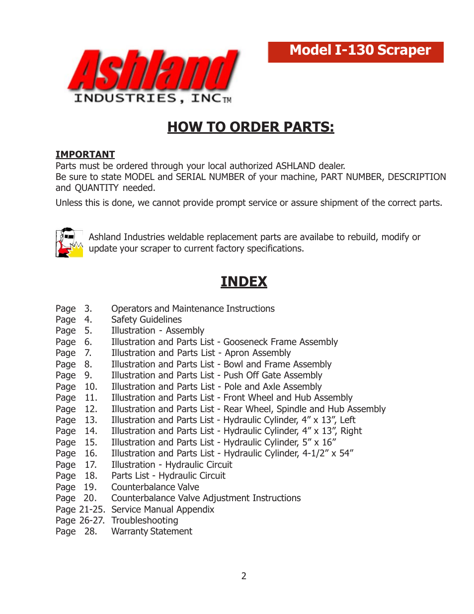 How to order parts, Index model i-130 scraper | Ashland I-130 User Manual | Page 2 / 28