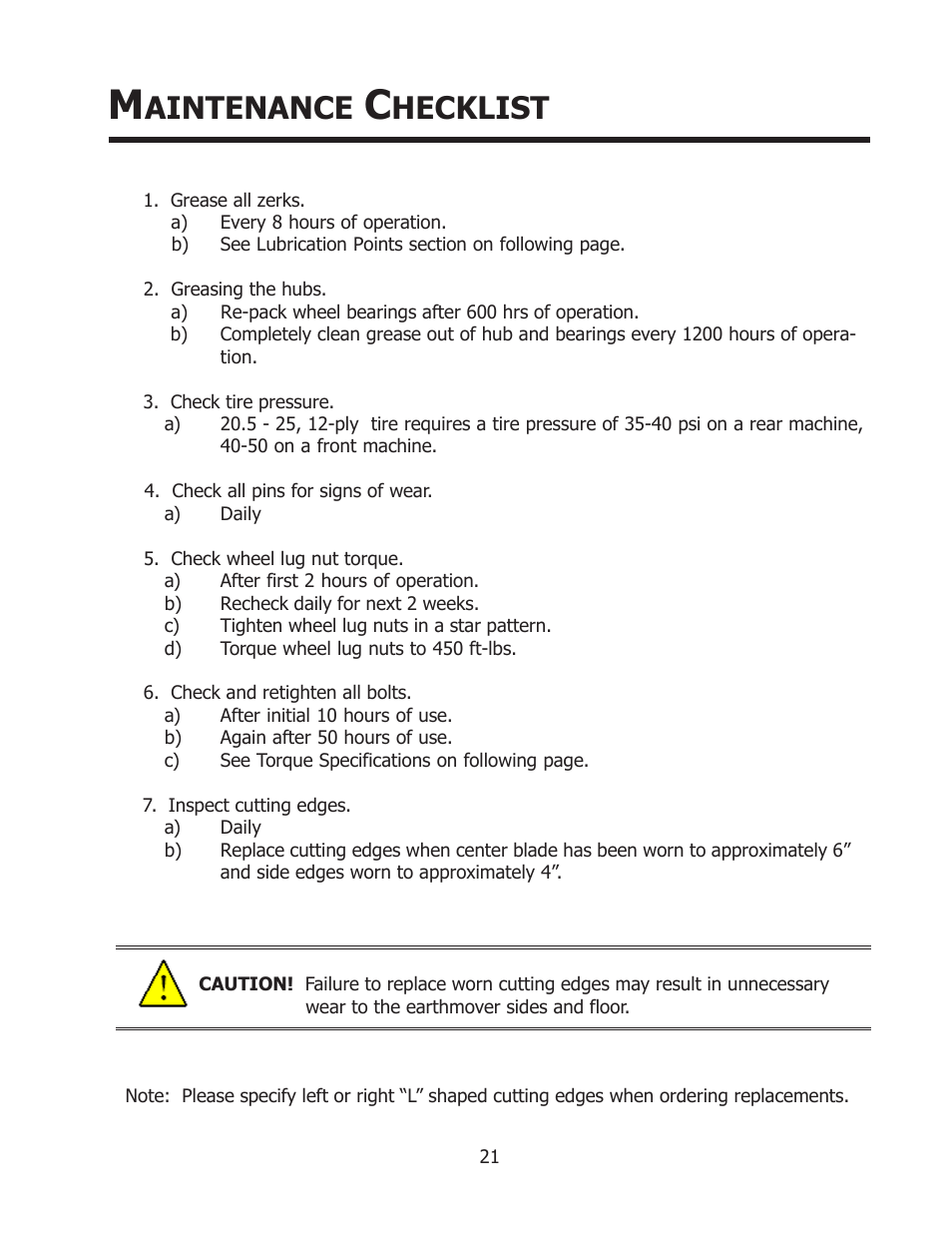 Aintenance, Hecklist | Ashland I-130 User Manual | Page 21 / 28