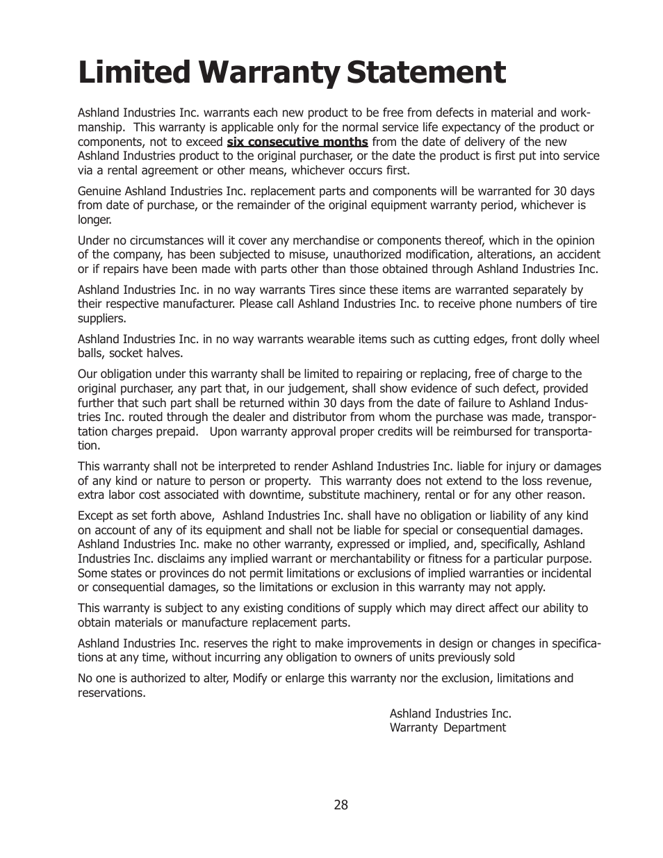 Limited warranty statement | Ashland I-130 User Manual | Page 28 / 28