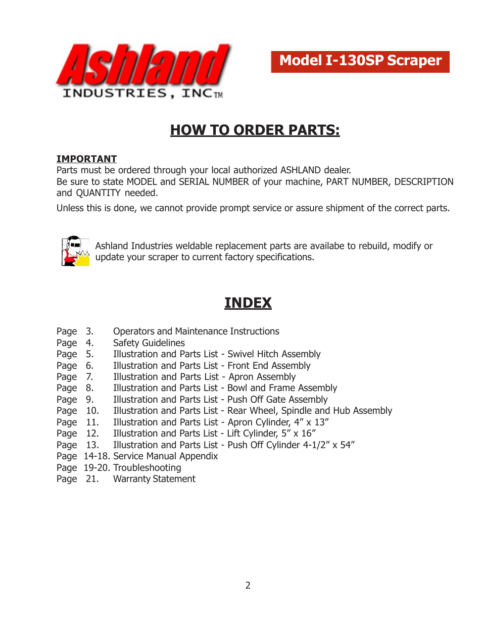 How to order parts, Index model i-130sp scraper | Ashland I-130-SP User Manual | Page 2 / 21