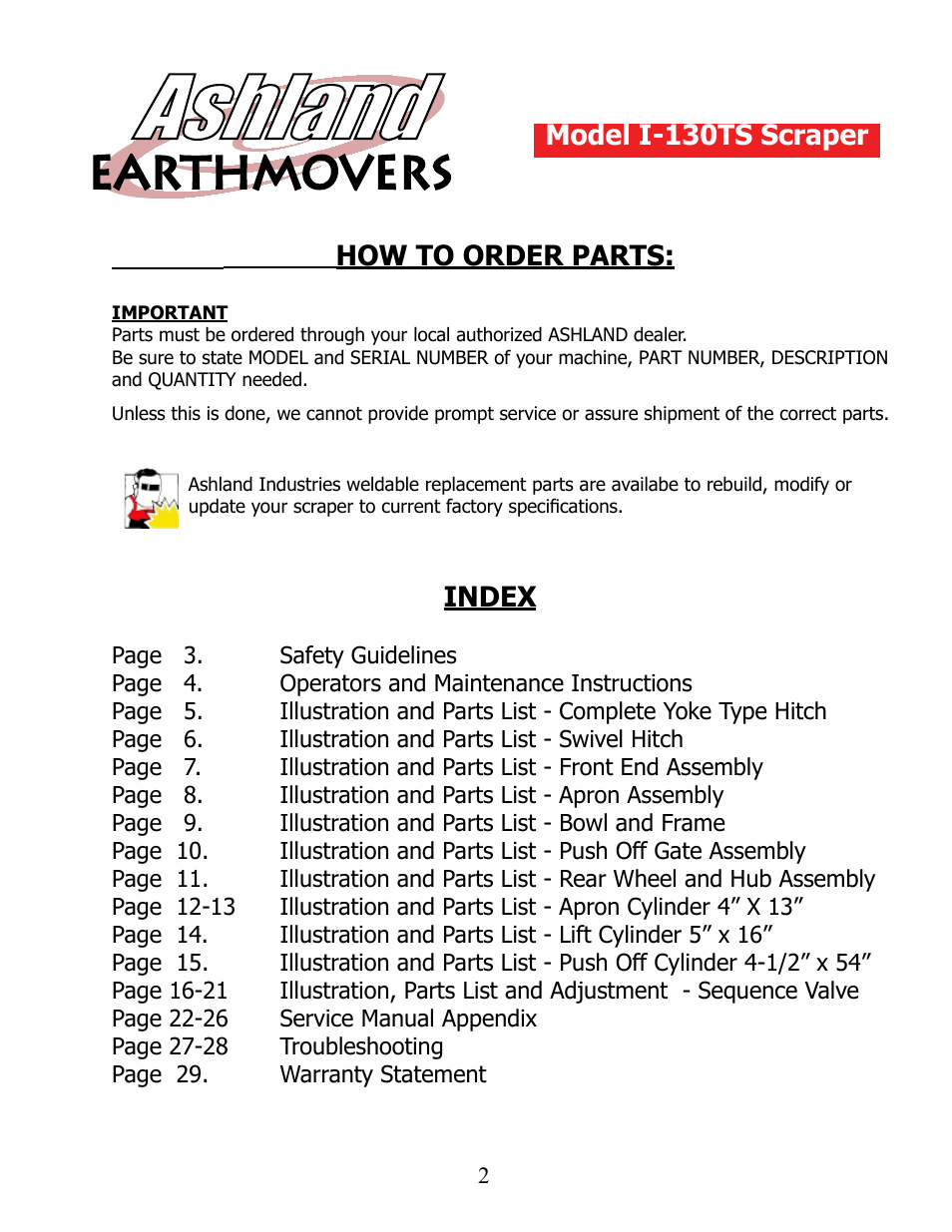 How to order parts, Index model i-130ts scraper | Ashland I-130TS2 User Manual | Page 2 / 30