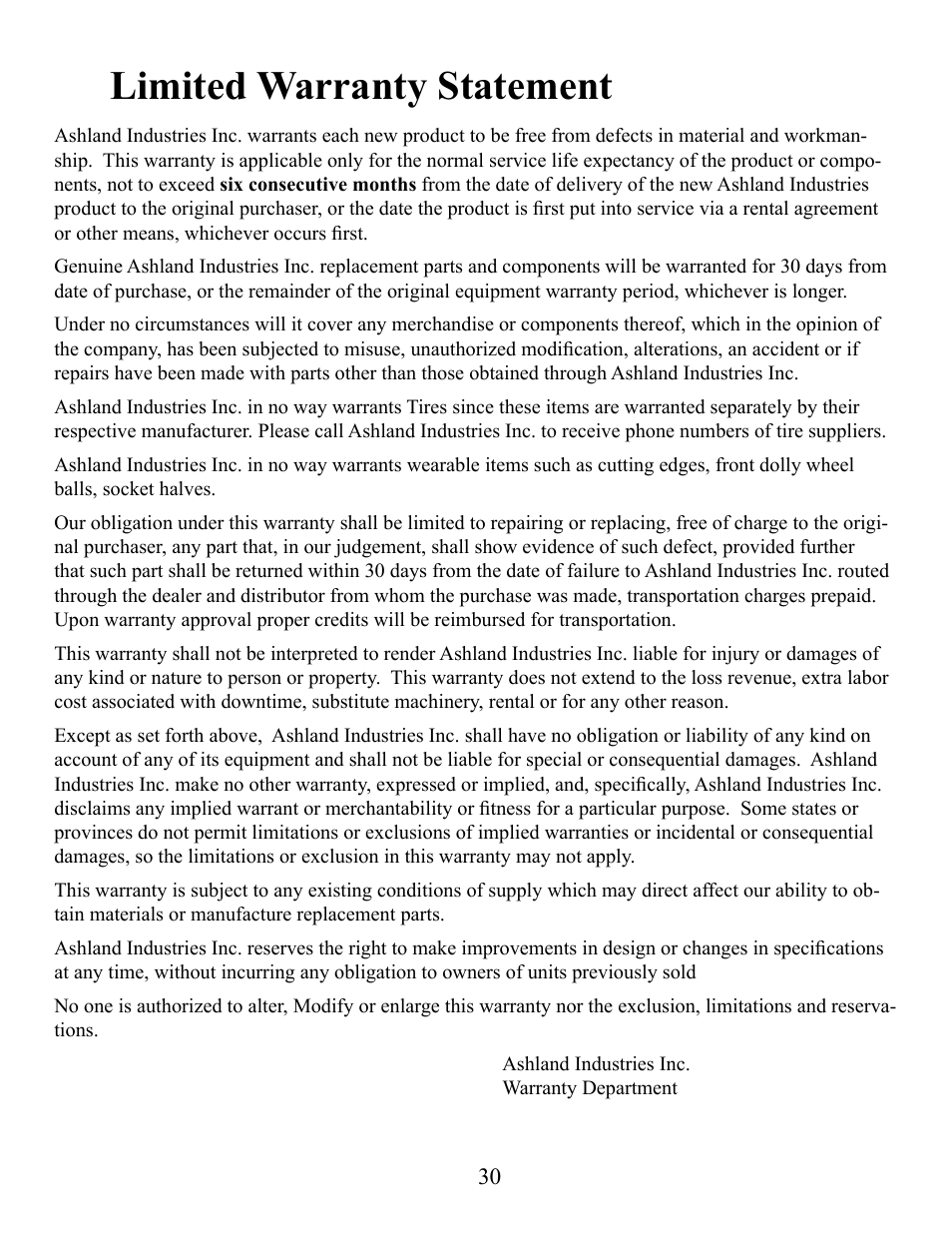 Limited warranty statement | Ashland I-130TS2 User Manual | Page 30 / 30