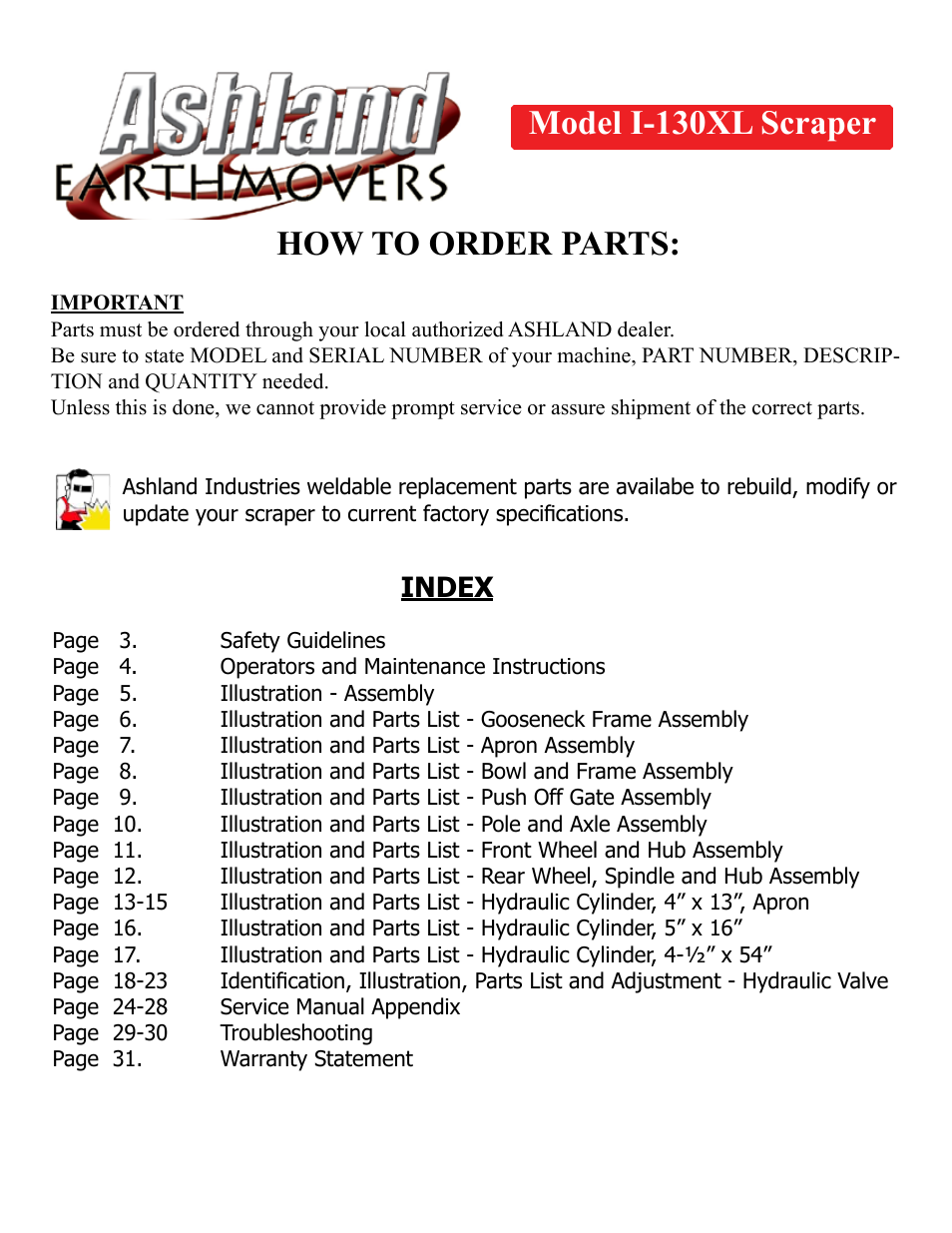 How to order parts, Model i-130xl scraper, Index | Ashland I-130XL2 Ver 3-2007 User Manual | Page 2 / 38