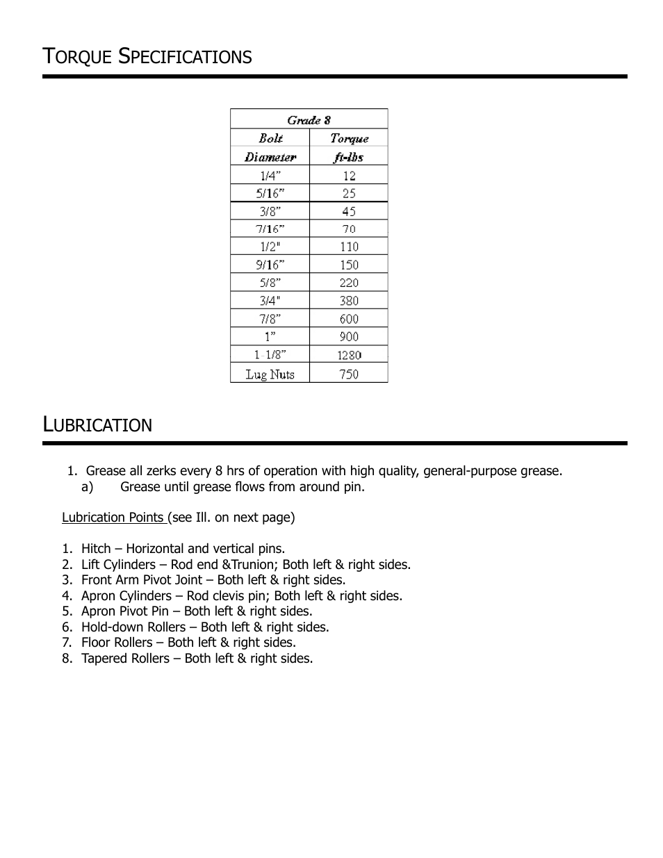 Orque, Pecifications, Ubrication | Ashland I-130XL2 Ver 3-2007 User Manual | Page 32 / 38